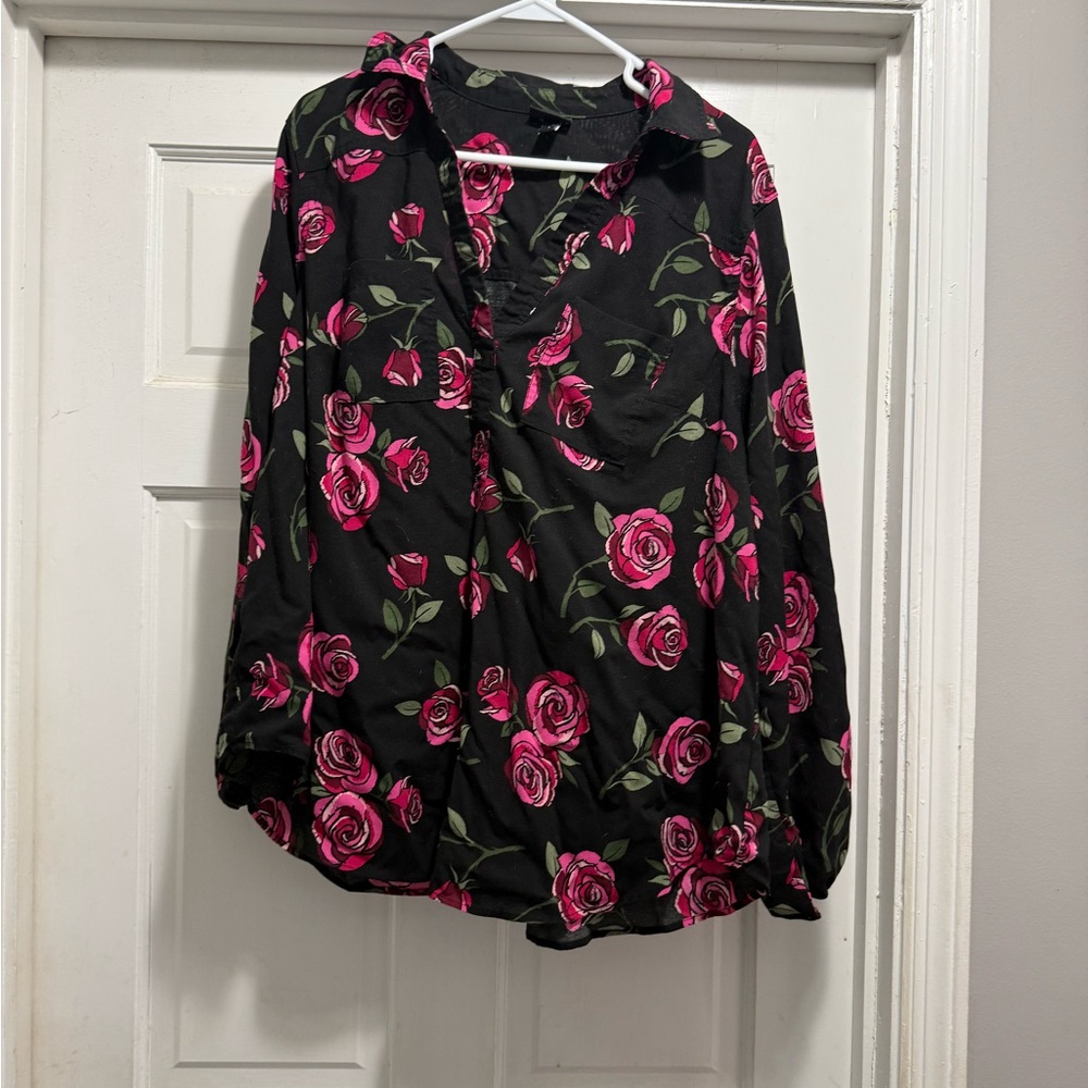 Torrid Black and Pink Floral Button Down Shirt